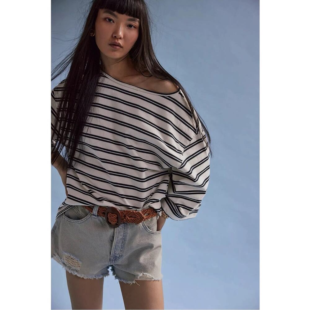 Free People Boatneck Bohemian Preppy C'est La Vie Tee Black White Stripes Large - Picture 3 of 13